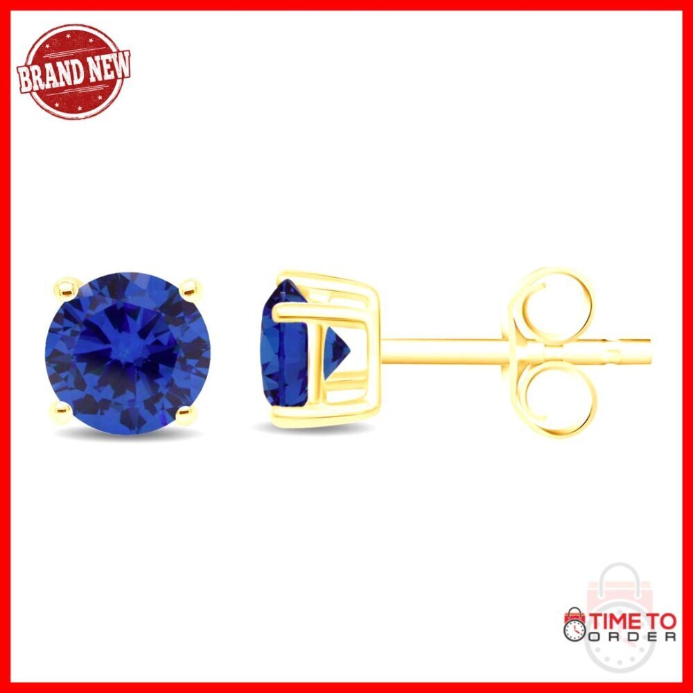 5mm Round Simulated Gemstone Stud Earrings, 14K Gold Plated Sterling Silver
